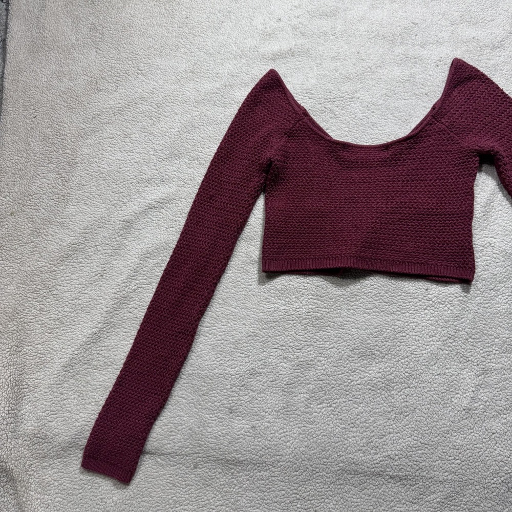 FP‎ Beach Sweater Womens XS Burgundy Long Sleeve Knit Crop Pullover Boho Stretch - Picture 9 of 14